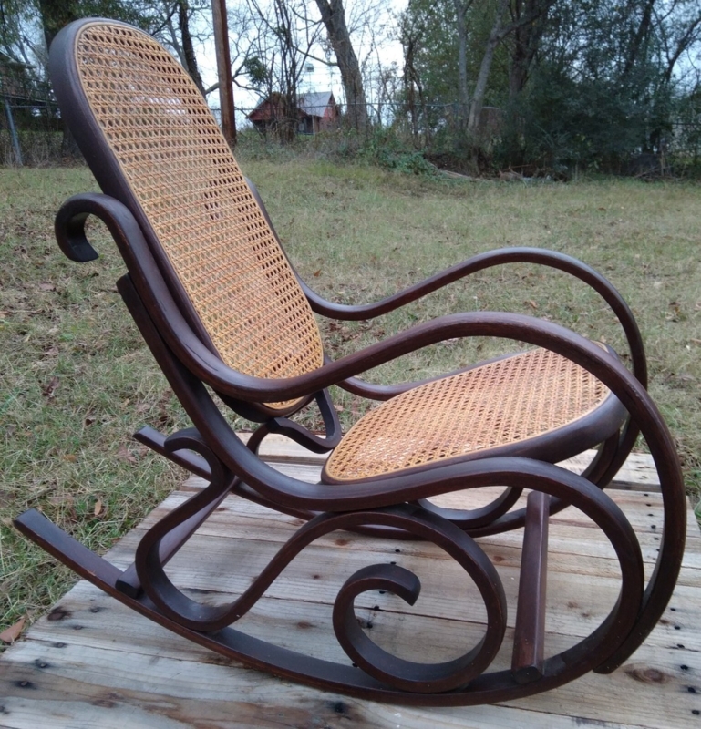 Rocking Chair: Dark Brown Semi-Glossy Decorative Scrolls, Woven Cane Rocker