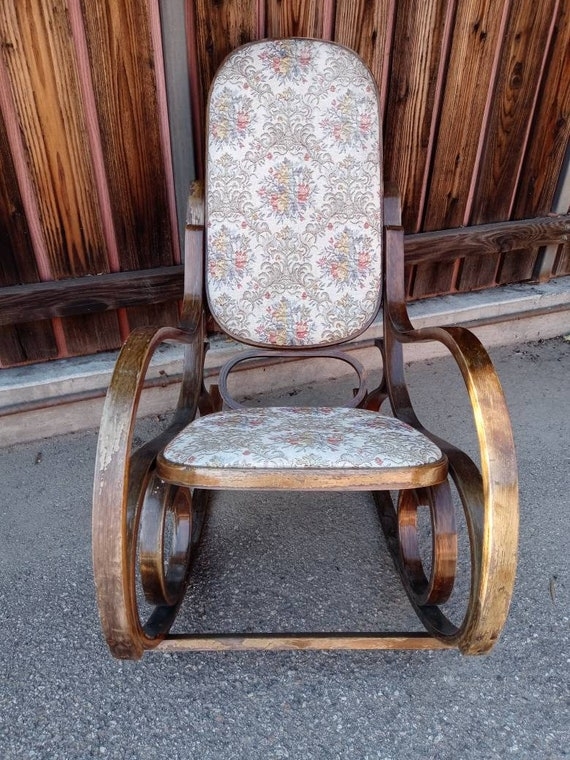 Rocking Chair: Distressed Antique Circular Base, Floral Tapestry Upholstered