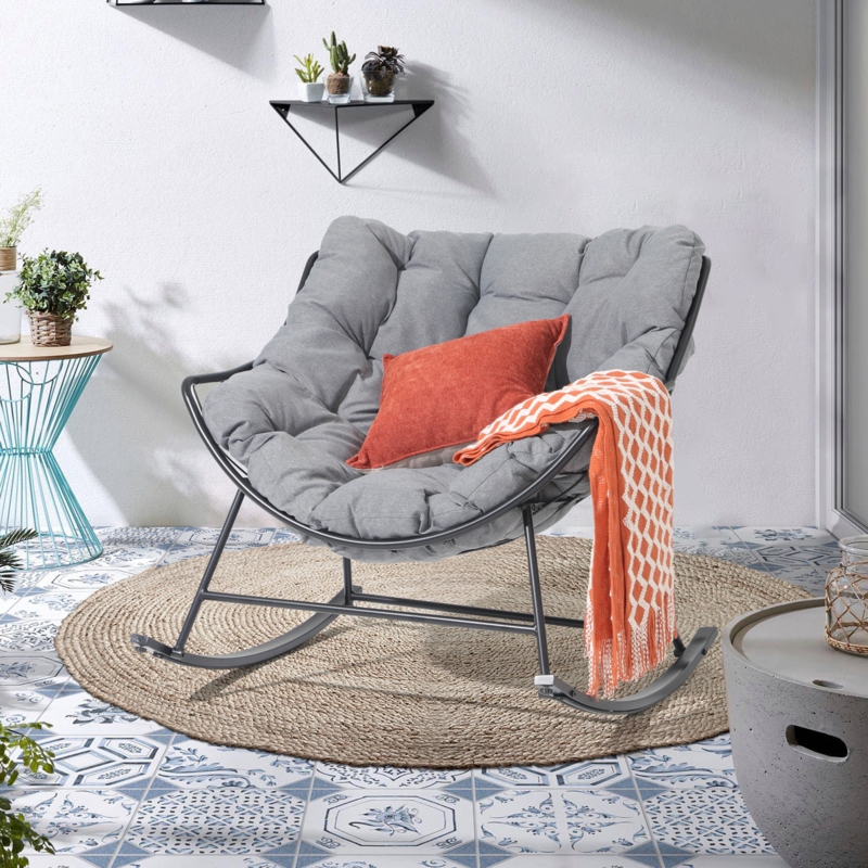 Rocking Chair featuring a charcoal gray metal frame and tufted cushion.