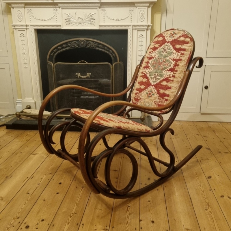 Rocking Chair: Glossy Antique Bentwood Scrolls, Medallion Upholstered Chair
