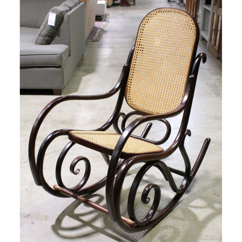 Rocking Chair: Glossy Dark Espresso Scrolled Arms, Traditional Cane Weave