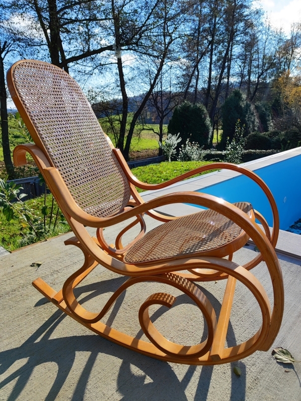 Rocking Chair: Glossy Honey Brown Scrolled Base, Bentwood Cane Rocker