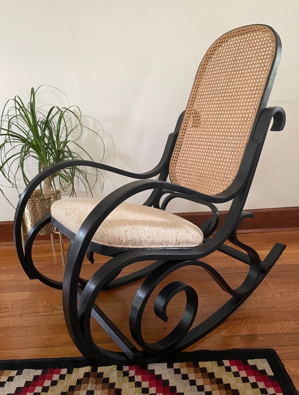Rocking Chair: Matte Black Scrolled Frame with Cane Back Accent Chair