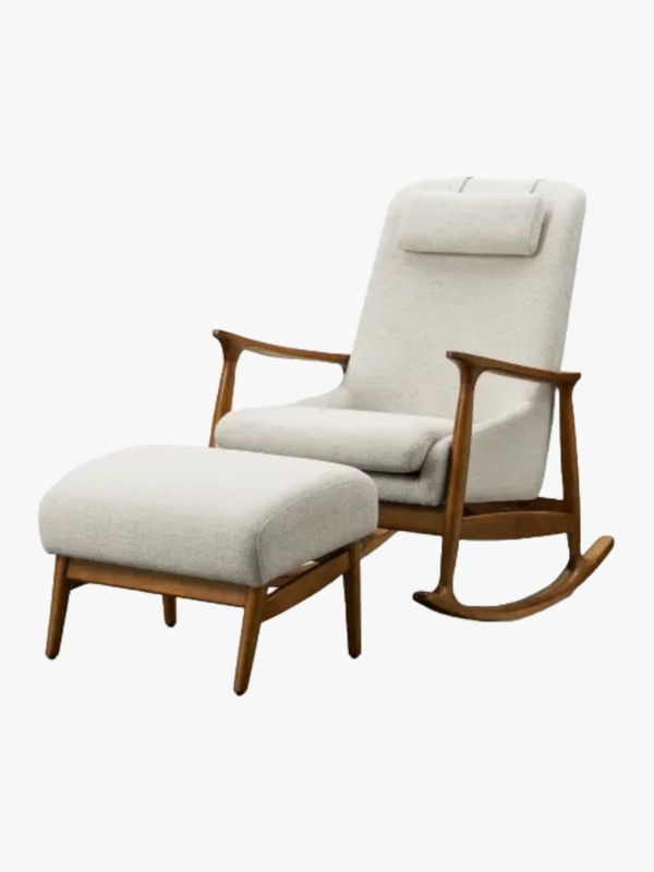 Rocking Chair Mid Century Cream Upholstery with Matching Ottoman