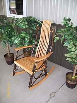 Rocking Chair: Natural Bark Hickory Branch Frame, Rustic 7-Slat Back Rocker