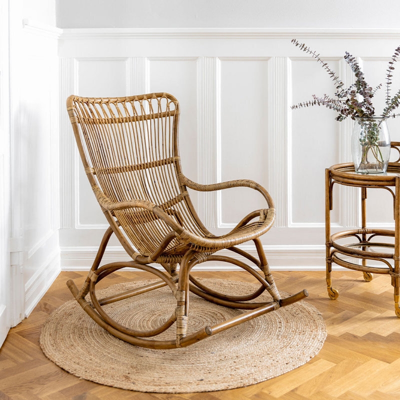 Rocking Chair: Natural Rattan Cane Woven Armrests, Coastal Open Panel Back