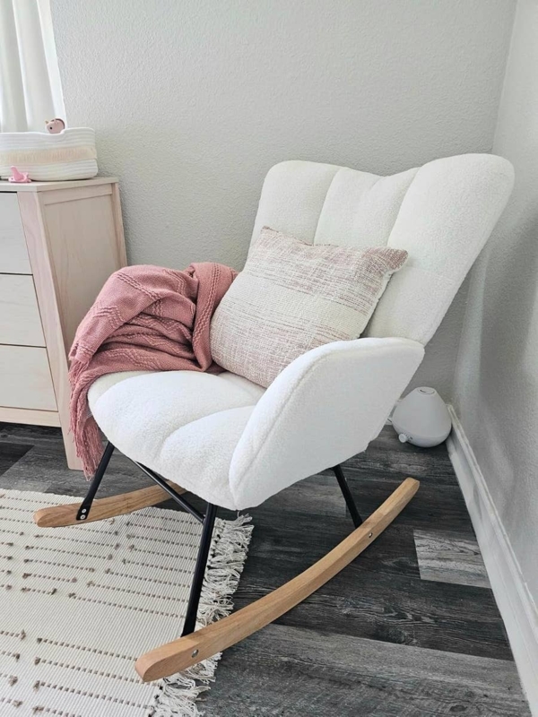 Rocking Chair Off White Boucle with Vertical Channeling Backrest