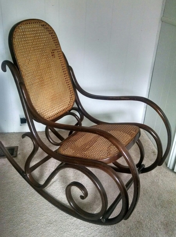 Rocking Chair: Polished Walnut Brown, Scrolled Rockers, Thonet Style Bentwood