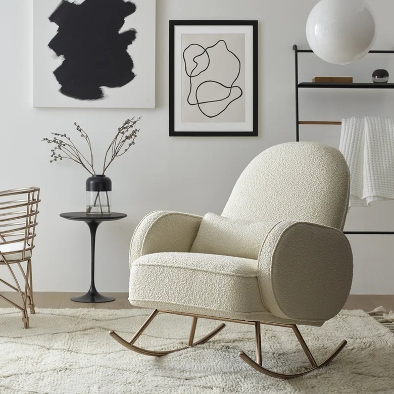 Rocking Chair Rose Gold Base Cream Boucle with Cylindrical Bolster Arms