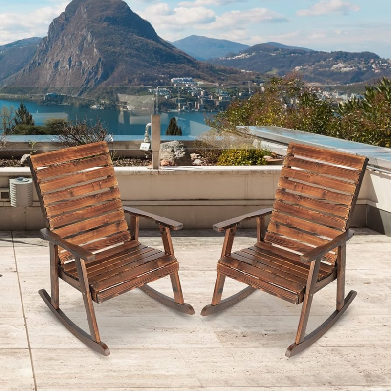 Rocking Chair Rustic Charred Wood Look with High Slatted Backrest