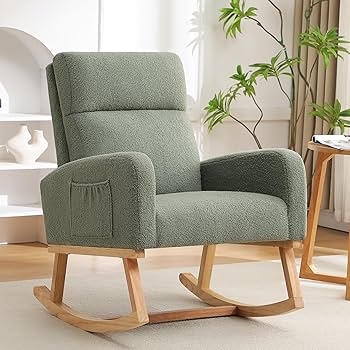 Rocking Chair Sage Green Textured Boucle with Side Storage Pocket