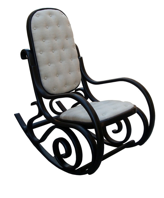 Rocking Chair: Satin Ebony Black Scrollwork Base, Tufted Bentwood Rocker