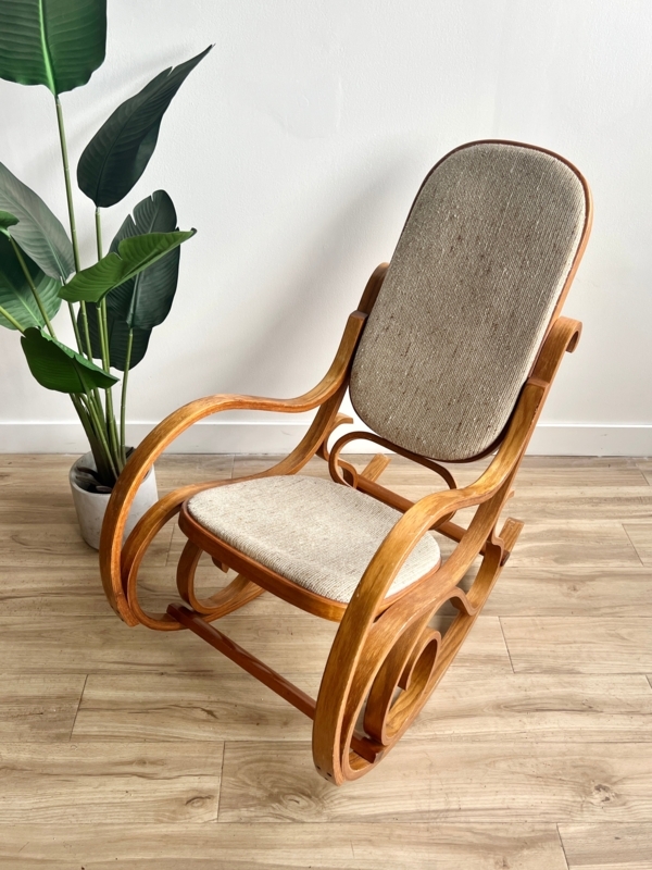 Rocking Chair: Satin Honey Spiral Base, Oatmeal Upholstered Nursery Rocker