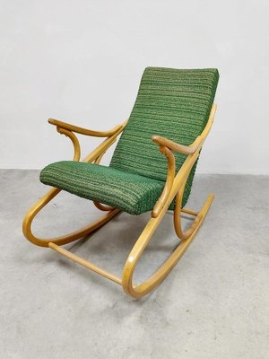 Rocking Chair: Satin Honey Wood Sculpted Armrests, Moss Green Ribbed Texture