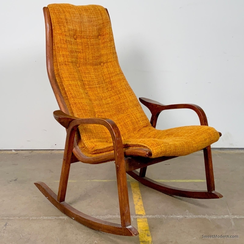 Rocking Chair: Satin Walnut Curved Armrests, Mustard Yellow Tufted Seat