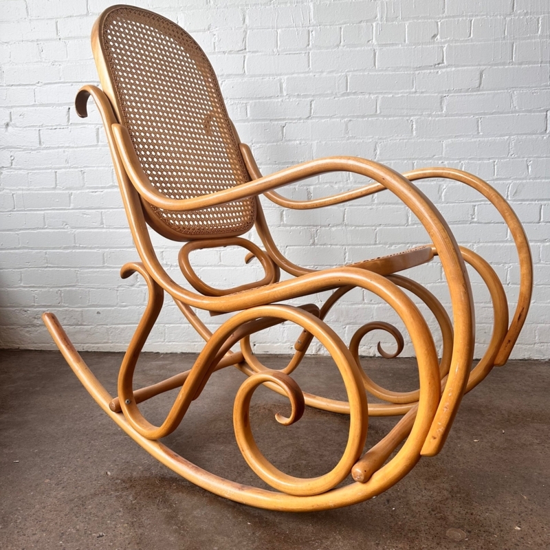 Rocking Chair: Scrolled Volute Base, Satin Finish, Vintage Caned Rocker