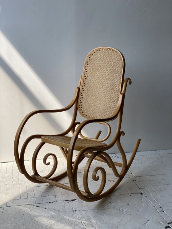 Rocking Chair: Semi-Gloss Amber Scrolled Rockers, Hexagonal Cane Webbing