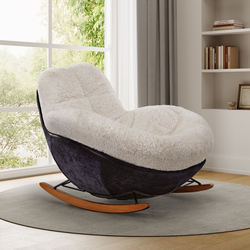 Rocking Lounge Chair, Contrasting Shell, Plush. Cozy teddy fabric lounge chair.