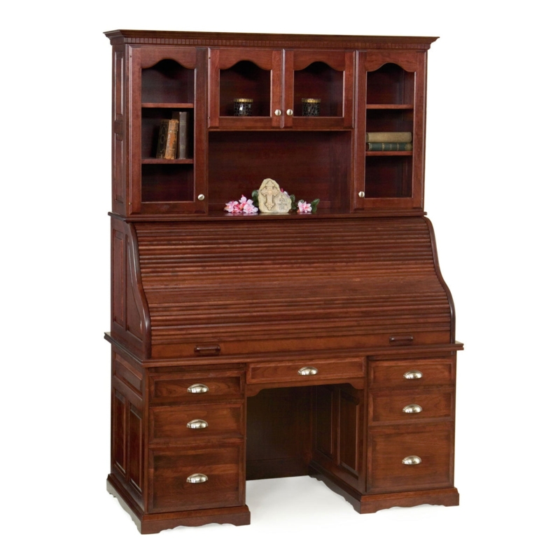 Roll Top Desk with Tambour Closure and Glass Hutch Top