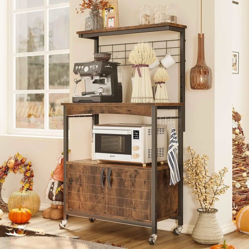 Rolling Bakers Rack featuring Grid Back Panel and Double Cabinet Doors