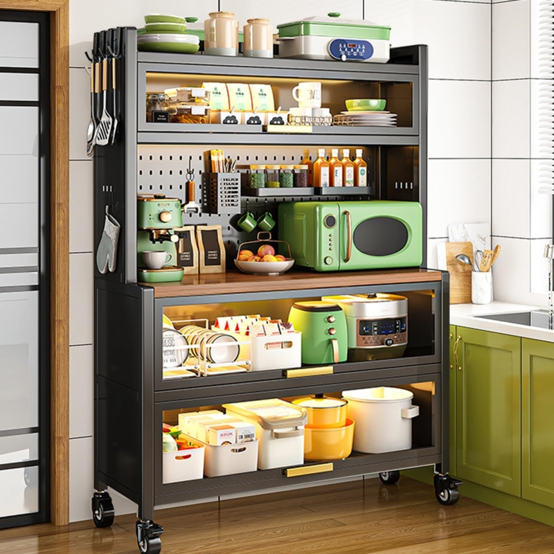 Rolling Bakers Rack with Glass Flip-Up Doors and Integrated Lighting
