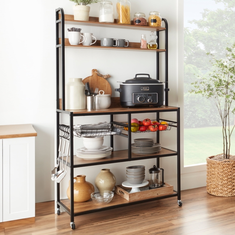 Rolling Bakers Rack with Sliding Wire Baskets and Coffee Station