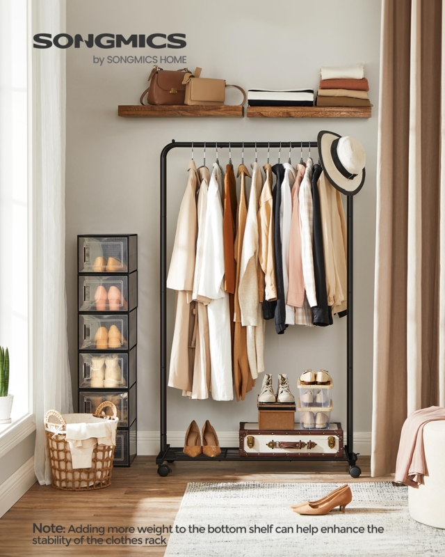 Rolling Clothes Rack with Bottom Mesh Shelf & Locking Casters
