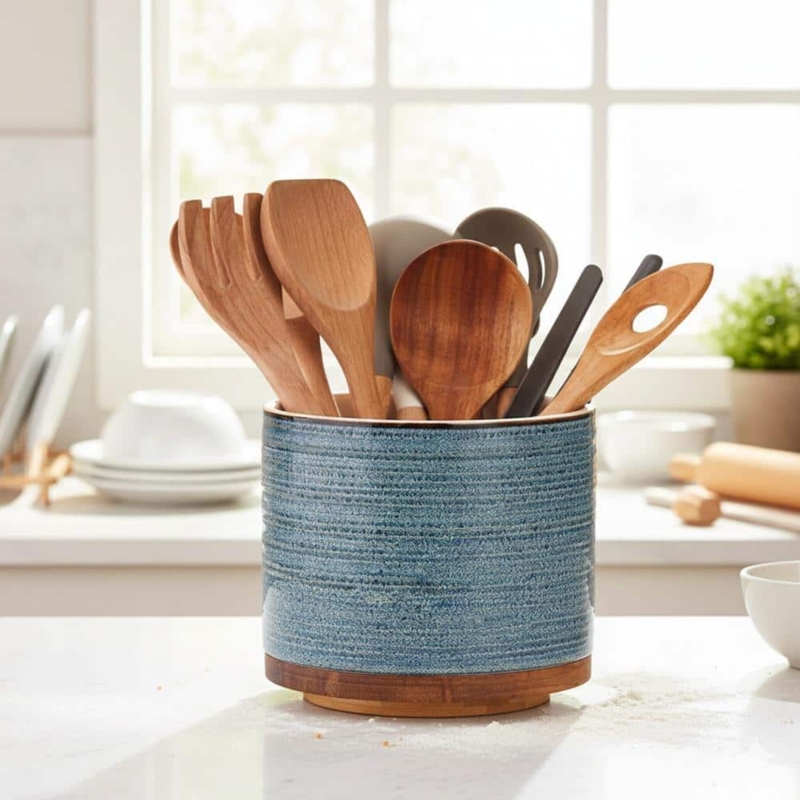 Rotating Kitchen Utensil Holder, Textured Blue Ceramic with Wood Base