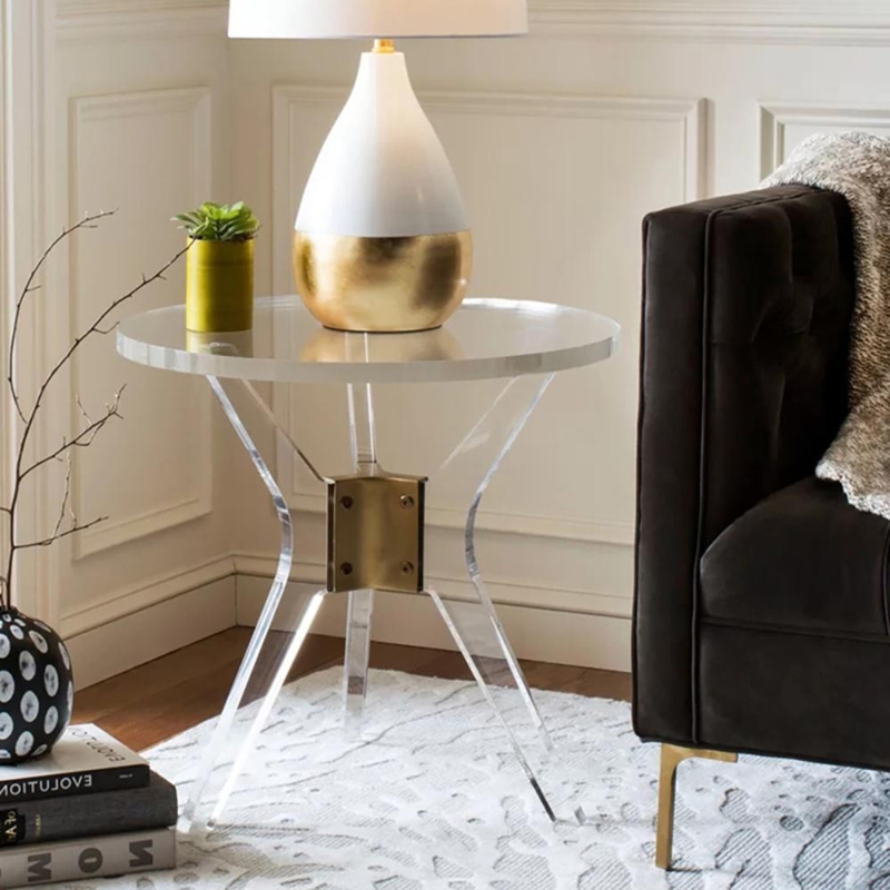 Round Acrylic Side Table Tripod Base Gold Metal Bracket Contemporary