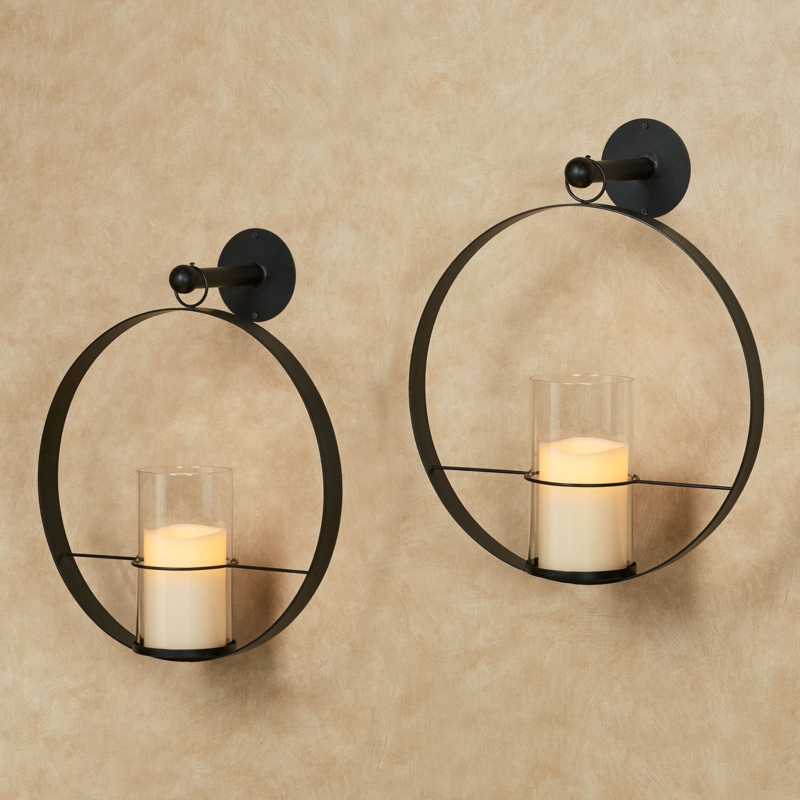 Round Black Wall Sconce Circular Frame with Hurricane Glass