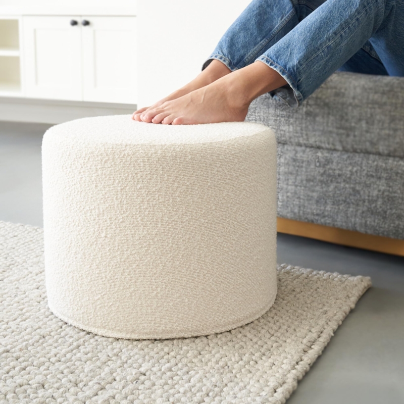 Round Boucle Ottoman with Textured Nubby Fabric Cream