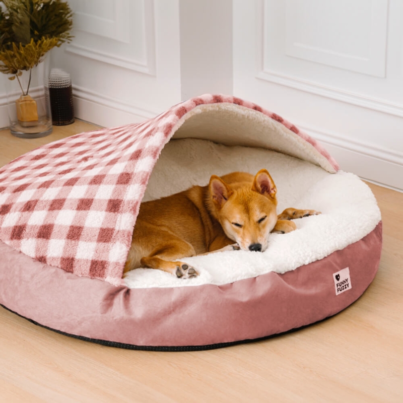 Round Canopy Dog Bed featuring Dusty Pink Base and Red Gingham Hood
