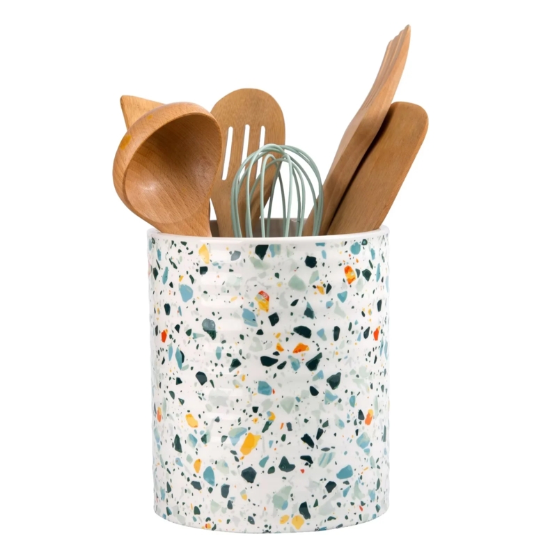 Round Ceramic Utensil Organizer, Glossy Multicolored Terrazzo Flecks