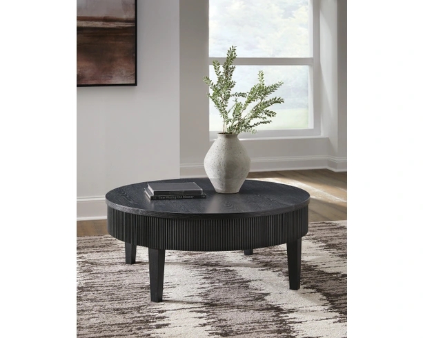 Round Coffee Table Reeded Apron Tapered Legs Visible Wood Grain Texture