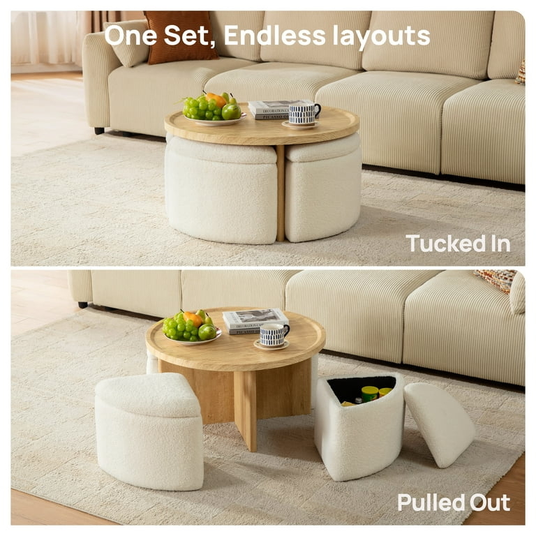 Round Coffee Table Set featuring Teddy Bouclé Storage Stools