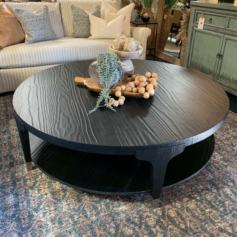 Round Coffee Table Textured Wavy Grain Charcoal Finish with Tapered Legs