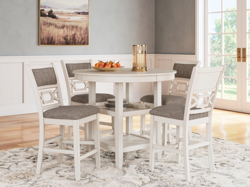 Round Counter Height Dining Set, Antique White with Lattice Back Stools