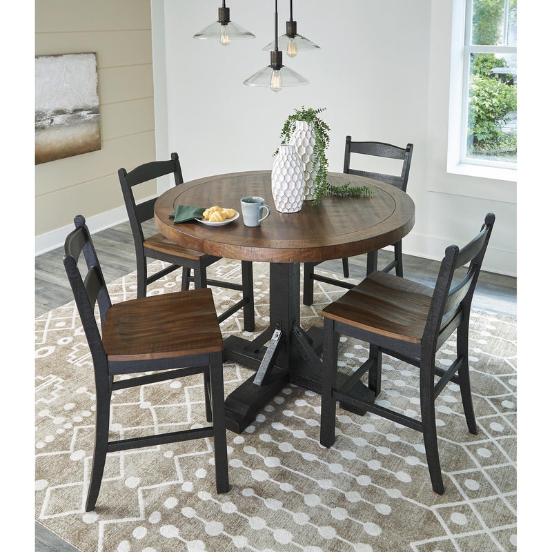 Round Counter Height Dining Table with Inlay Top and X-Brace Pedestal