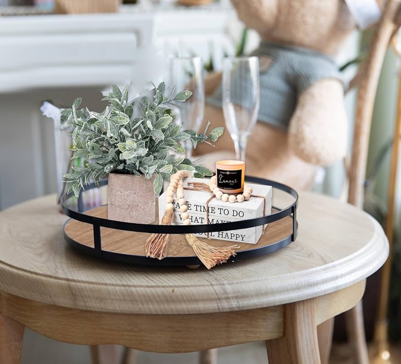 Round Decorative Tray Wood Base Circular Metal Rail Rustic Centerpiece