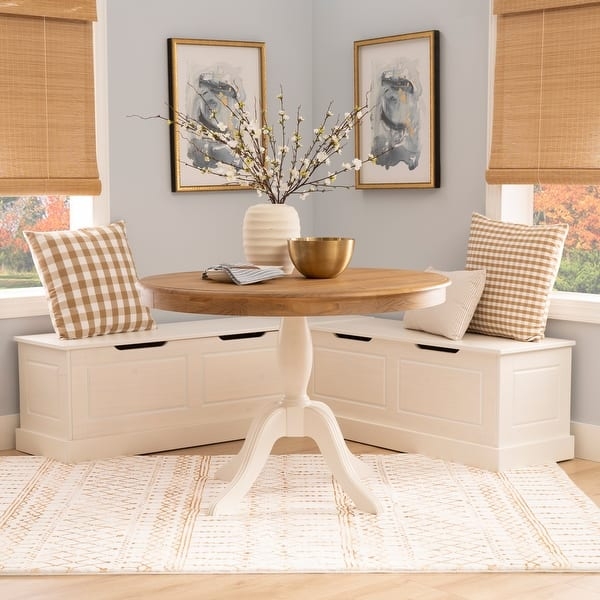 Round Dining Nook Set Storage Benches Two-Tone Pedestal Table