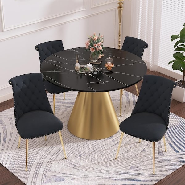 Round Dining Set: Black Marble Gold Conical Pedestal Tufted Chairs