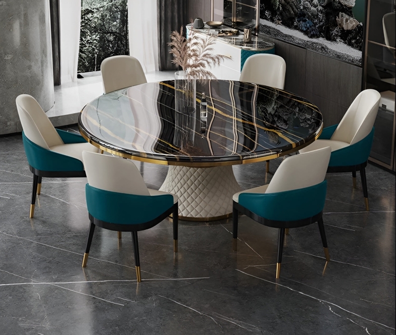 Round Dining Set: Quilted Pedestal Base and Teal Upholstery