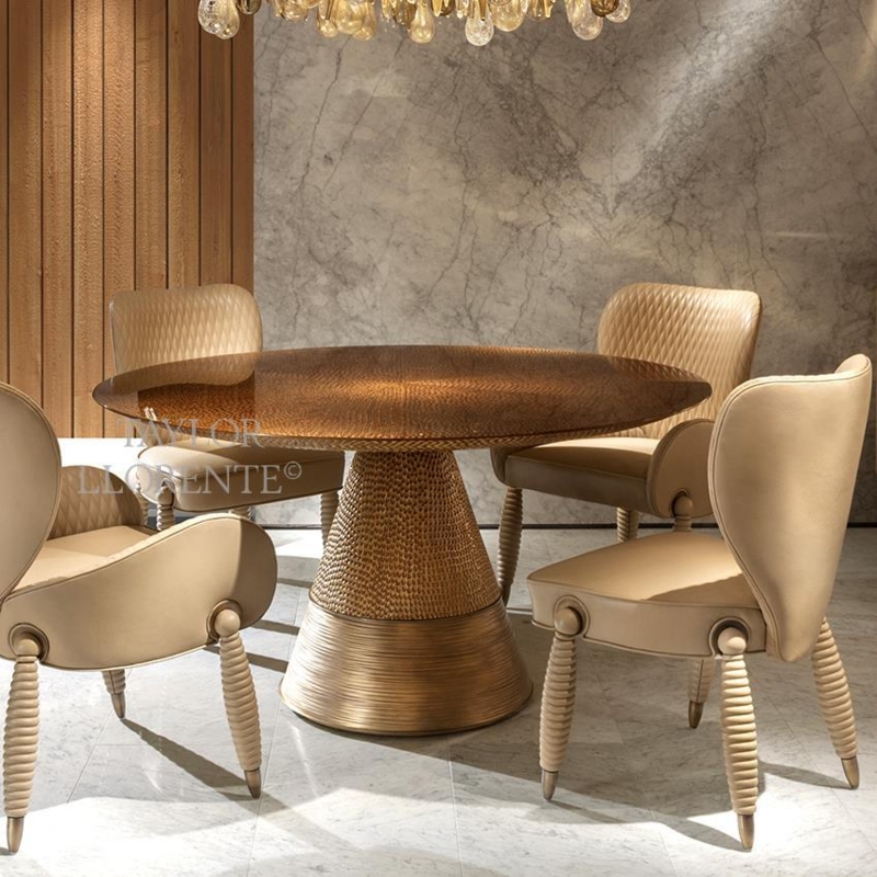 Round Dining Table Set with 3D Bronze Finish and Ribbed Legs
