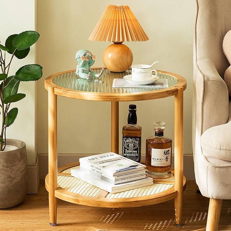 Round End Table Ribbed Glass Top Tripod Legs, Bamboo Cane End Table