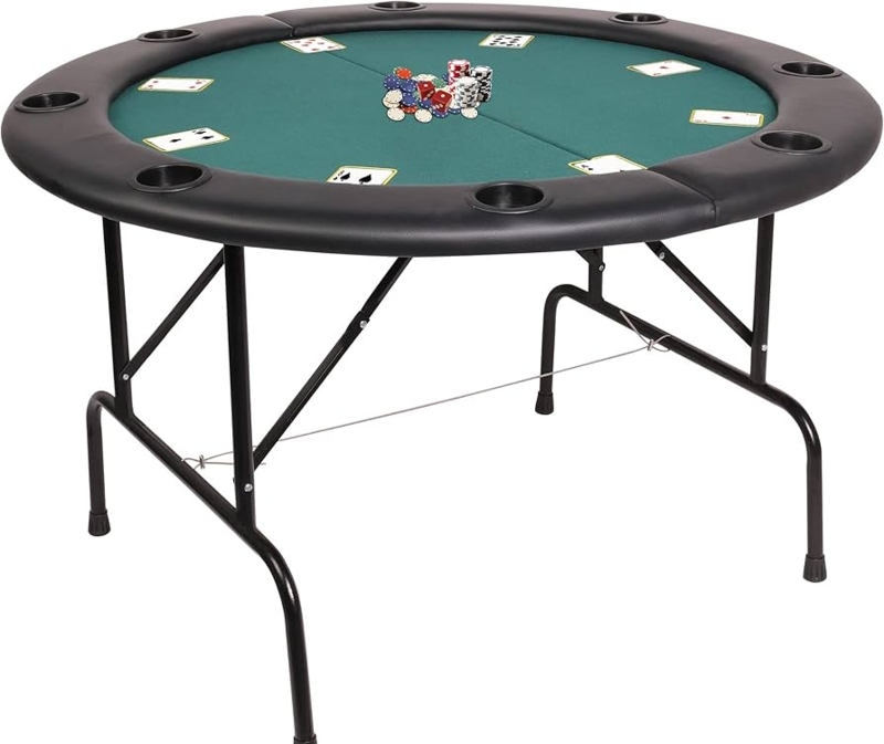 Round Folding Poker Table with Green Felt Surface and Cup Holders