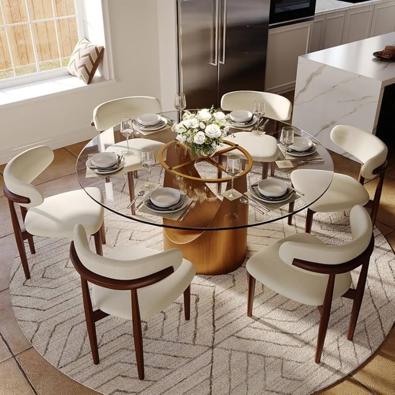 Round Glass Dining Table Set with Pedestal and Curved Chairs