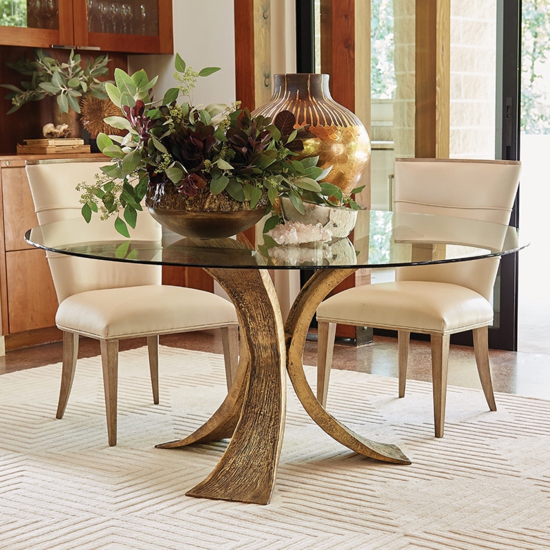 Round Glass Top Table with Antique Gold Lotus Base