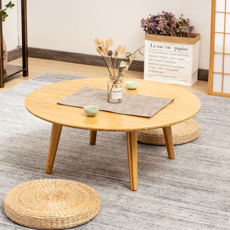 Round Low Profile Japandi Bamboo Coffee Table