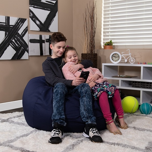 Round Navy Blue Bean Bag, Durable Cover for Teen Room Lounge Seating