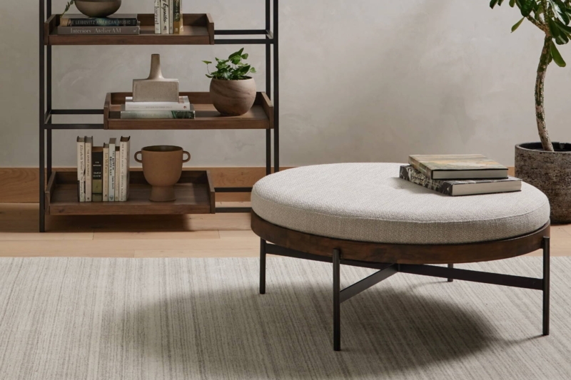 Round Ottoman Woven Texture with Wood Apron and Metal Cross Base